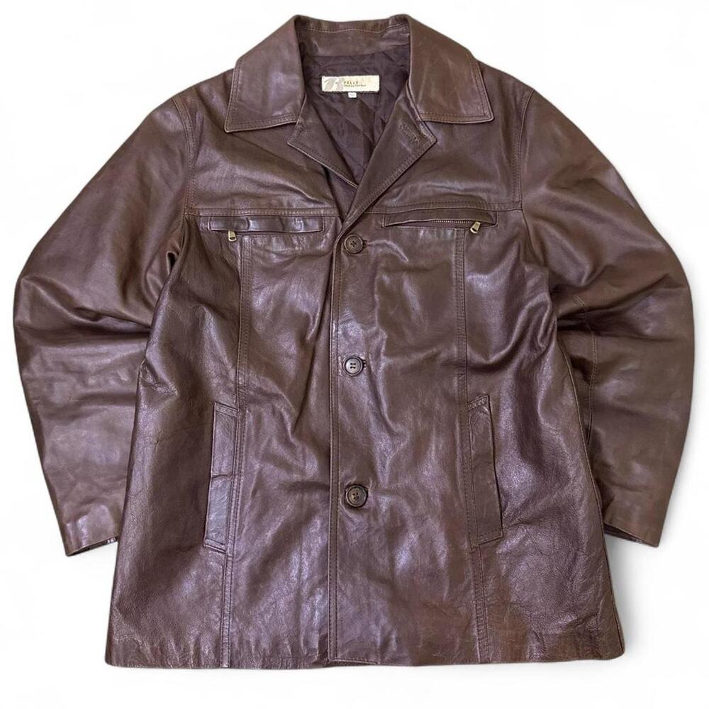 Vintage Pelle Quality Leather Men’s 52 Brown Button Front Car Coat Jacket